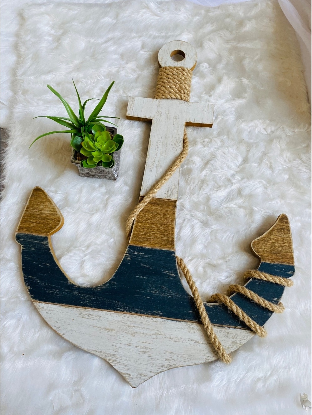 Nautical Wooden Anchor Wall Decor Rope Accent White Blue
